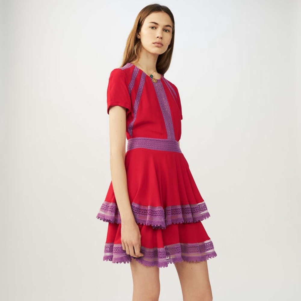 NWT Maje Raglia Red Purple Lace Tiered Dress